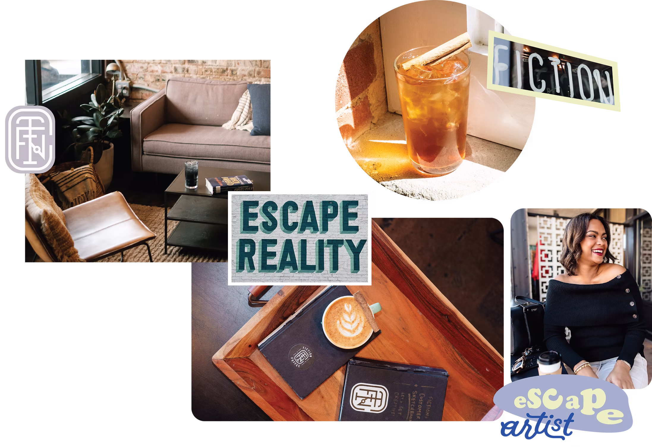Fiction Coffee collage — cafe seating, drinks, neon Fiction sign, and Escape Reality mural